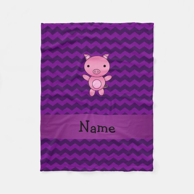 Personalised name cute pig purple chevrons fleece blanket (Front)