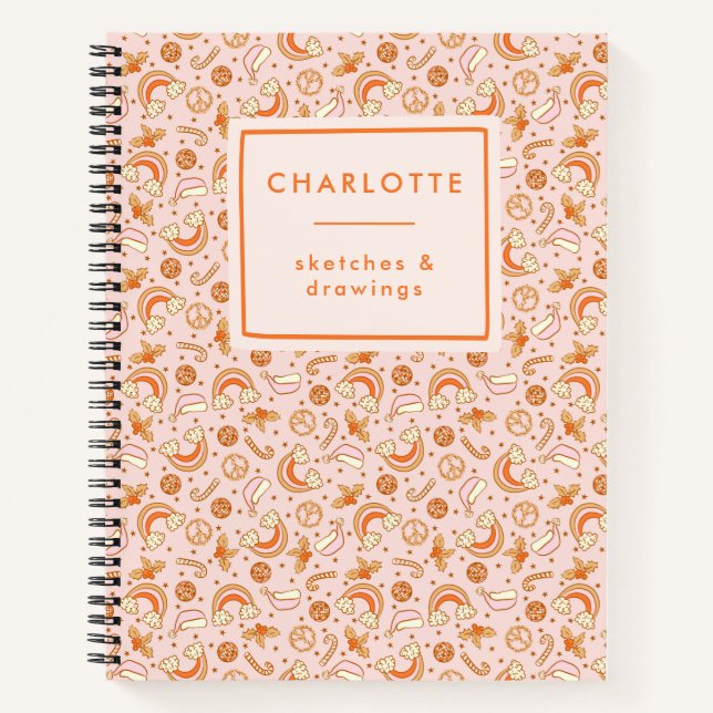 Personalised Name Cute Pink Retro Christmas Disco Notebook (Front)