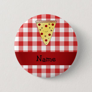 Personalised name cute pizza red chequered 6 cm round badge