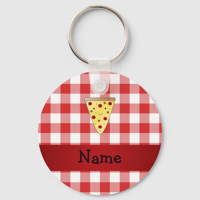 Personalised name cute pizza red chequered key ring (Front)