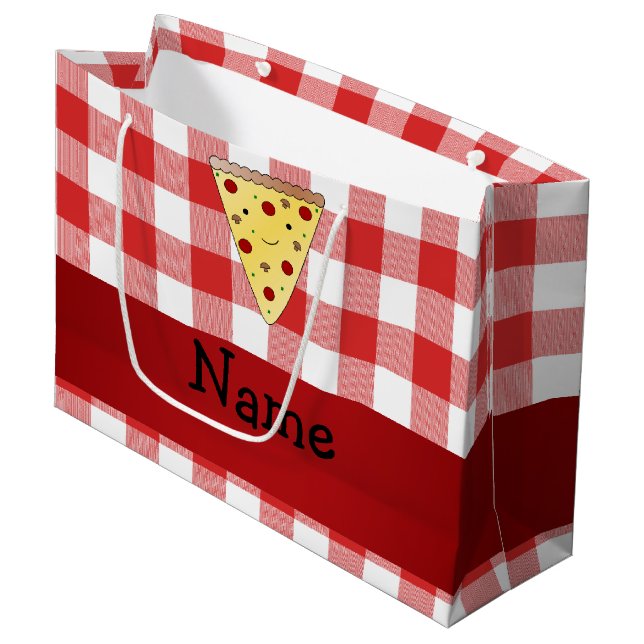 Personalised name cute pizza red chequered large gift bag (Front Angled)