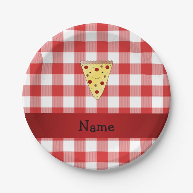 Personalised name cute pizza red chequered paper plate (Front)