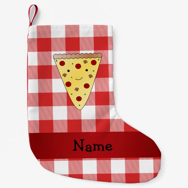 Personalised name cute pizza red chequered small christmas stocking (Front)