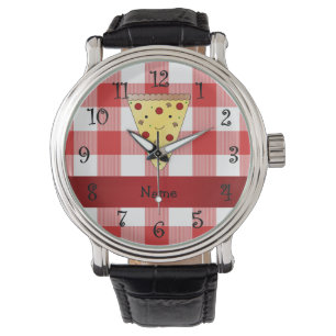 Personalised name cute pizza red chequered watch