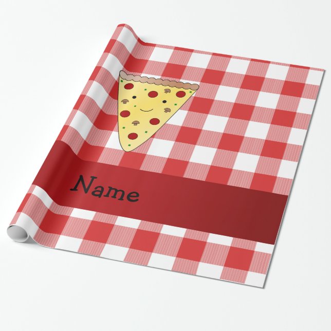 Personalised name cute pizza red chequered wrapping paper (Unrolled)