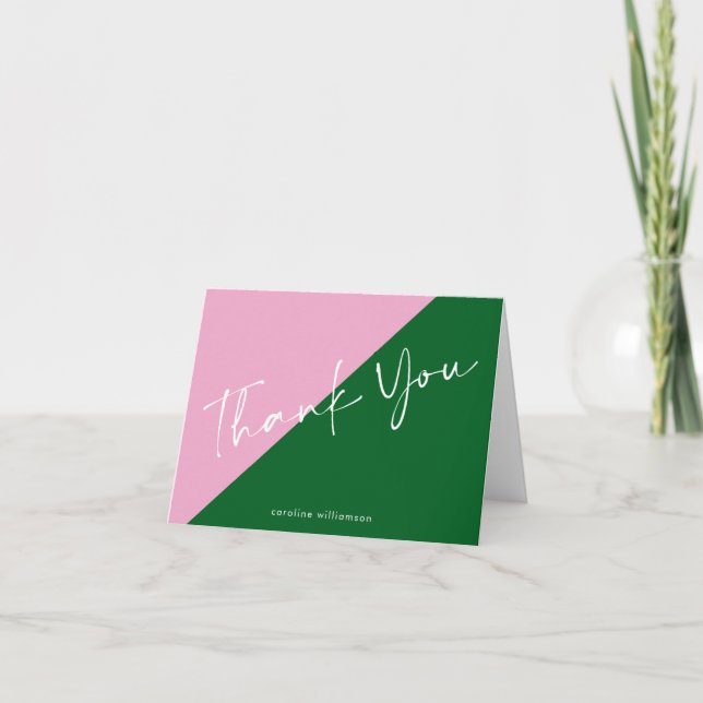 Personalised Name Cute Preppy Pink and Green  Thank You Card (Front)