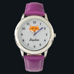 Personalised name cute red fox purple girls watch<br><div class="desc">Personalised purple girls watch with cute red fox. Personalizable wrist watches for children. Girly Birthday or Christmas gift idea for girls. Forest animal vector design. Make your own for daughter, granddaughter, grandchild etc. Add your own custom name or monogram letters of child. Grey Polka dots background pattern. Script typography template....</div>