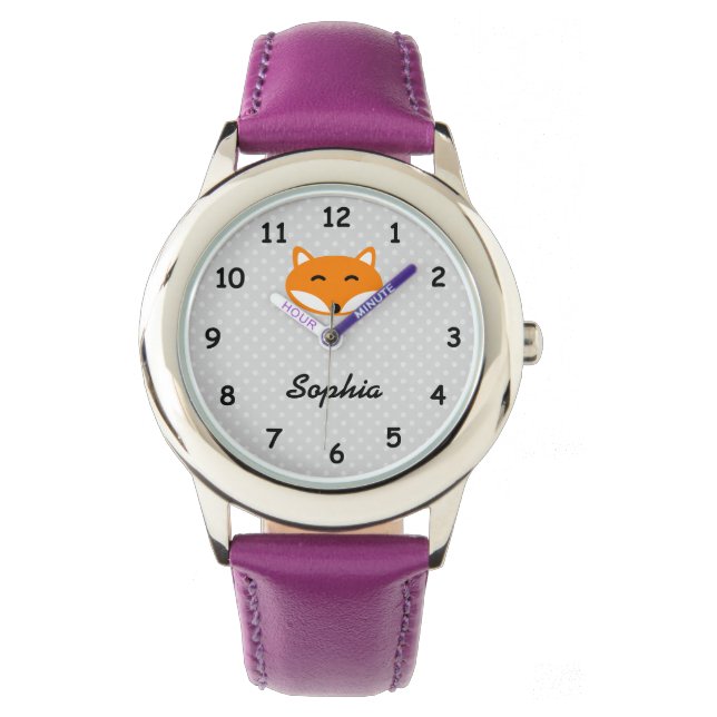 Personalised name cute red fox purple girls watch (Front)