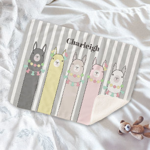 Personalised Name Cute Retro Colourful Llamas Sherpa Blanket