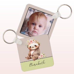 Personalised name cute sloth 1 photo green key ring