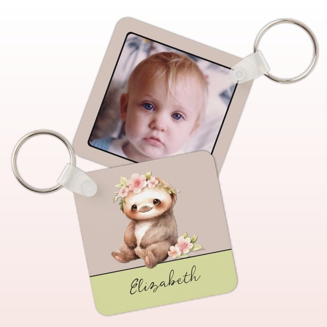 Personalised name cute sloth 1 photo green key ring (Creator Uploaded)