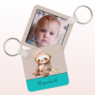 Personalised name cute sloth 1 photo turquoise key ring
