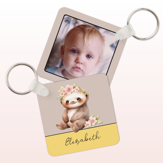 Personalised name cute sloth 1 photo yellow key ring (Creator Uploaded)