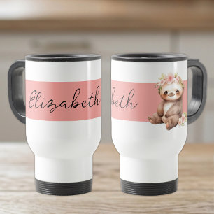 Personalised name cute sloth black pink travel mug