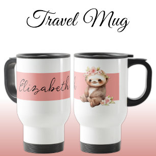 Personalised name cute sloth black pink travel mug