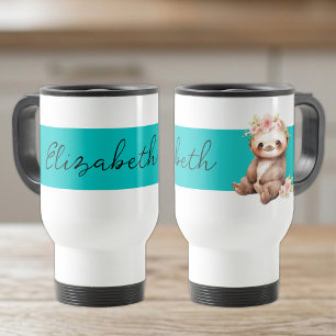 Personalised name cute sloth black turquoise travel mug