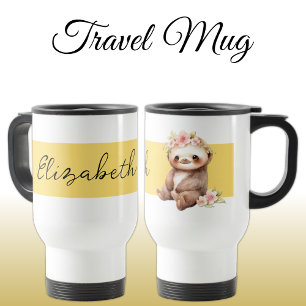 Personalised name cute sloth black yellow travel mug
