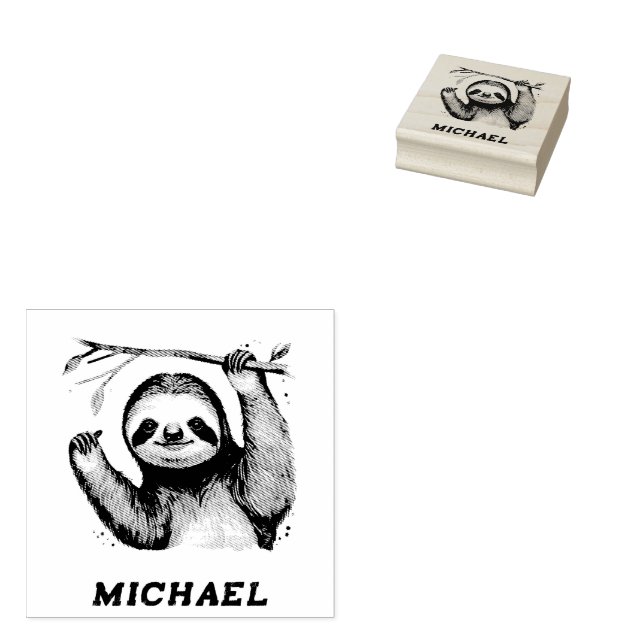 Personalised Name Cute Sloth on a Branch           Rubber Stamp (Stamped)