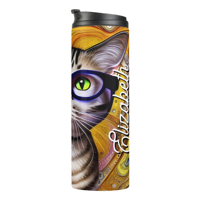 Personalised Name Cute Smart Cat Wearing Glasses Thermal Tumbler (Rotated Right)