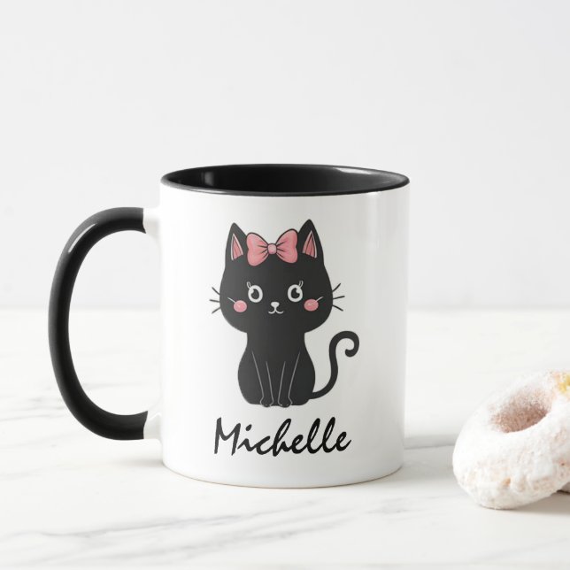Personalised Name Cute Spooky Black Cat Halloween  Mug (With Donut)