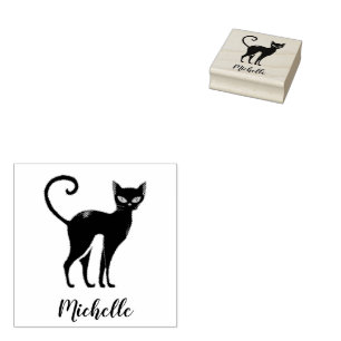 Personalised Name Cute Spooky Black Cat Halloween Rubber Stamp