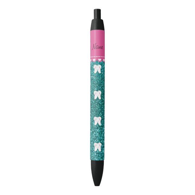 Personalised name cute tooth aqua glitter black ink pen (Front Vertical)