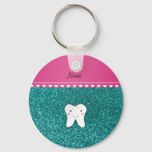 Personalised name cute tooth aqua glitter key ring