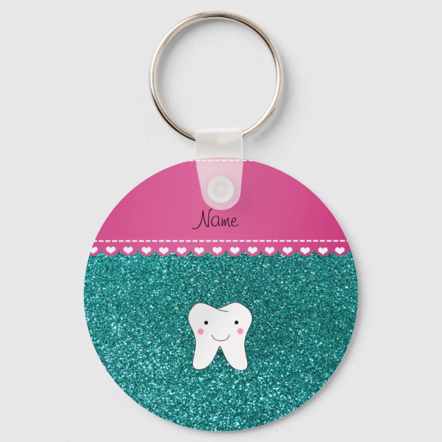 Personalised name cute tooth aqua glitter key ring (Front)