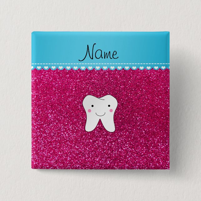 Personalised name cute tooth pink glitter 15 cm square badge (Front)