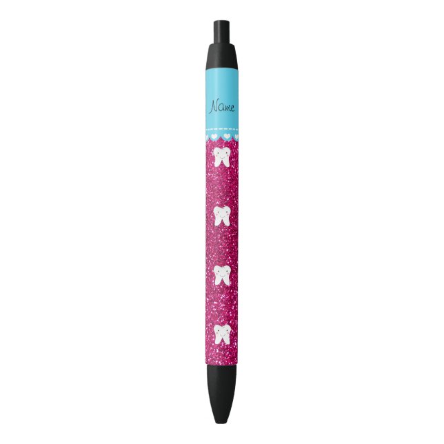 Personalised name cute tooth pink glitter black ink pen (Front Vertical)