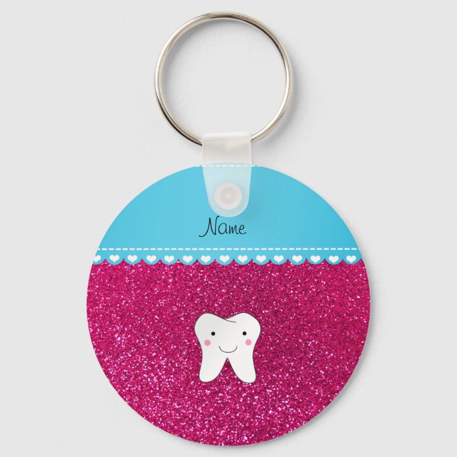 Personalised name cute tooth pink glitter key ring (Front)