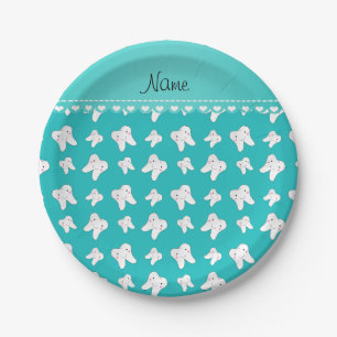 Personalised name cute turquoise tooth pattern paper plate
