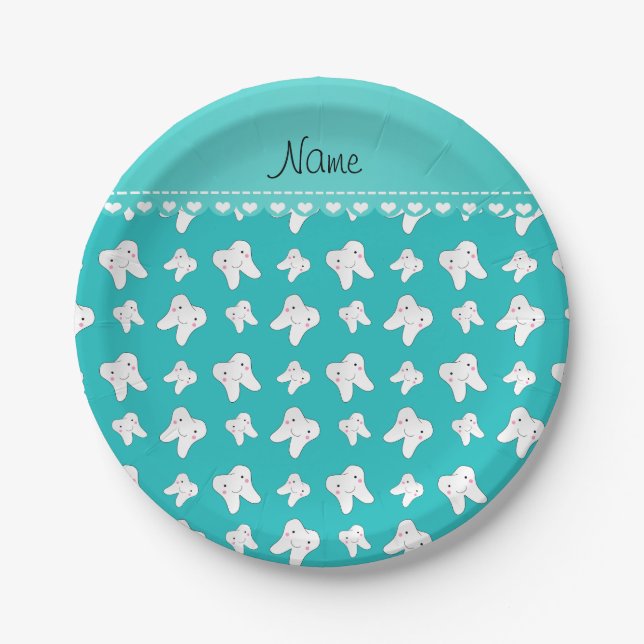 Personalised name cute turquoise tooth pattern paper plate (Front)