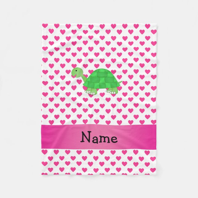 Personalised name cute turtle pink hearts fleece blanket (Front)