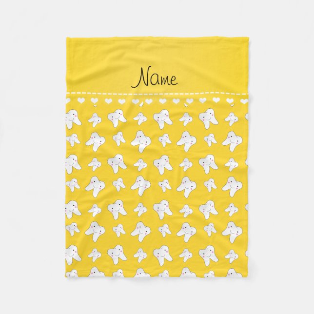 Personalised name cute yellow tooth pattern fleece blanket (Front)