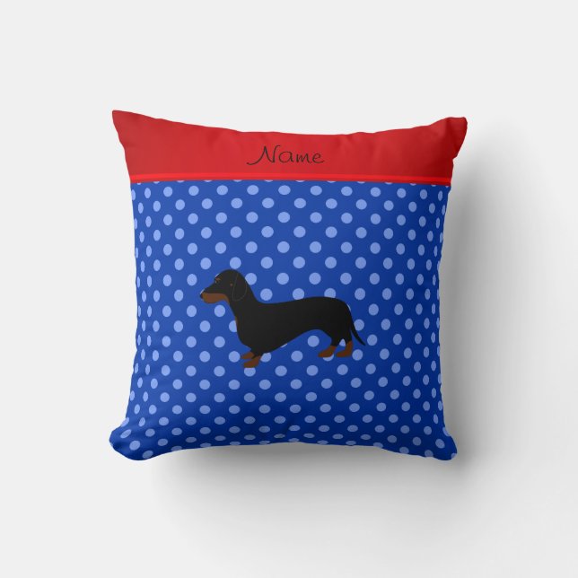 Personalised name dachshund blue polka dots cushion (Front)