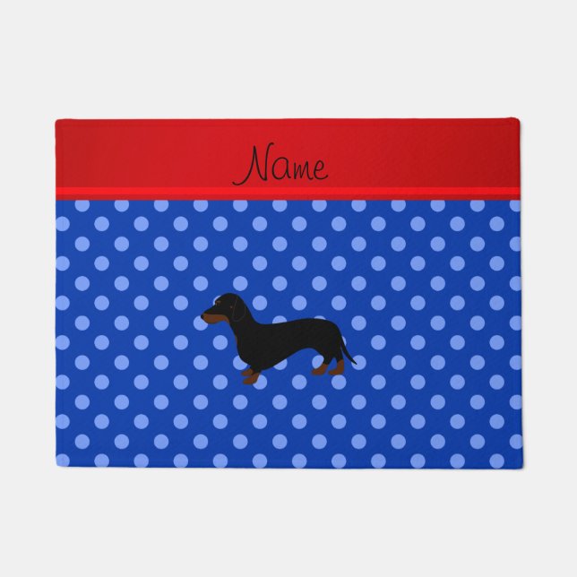 Personalised name dachshund blue polka dots doormat (Front)