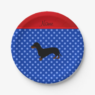 Personalised name dachshund blue polka dots paper plate