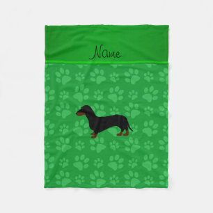 Personalised name dachshund green paws fleece blanket