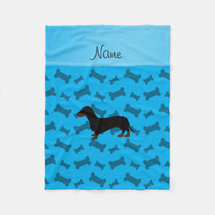 Personalised name dachshund sky blue bones fleece blanket