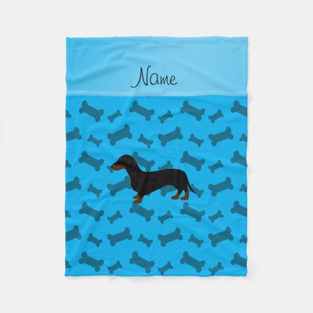 Personalised name dachshund sky blue bones fleece blanket (Front)