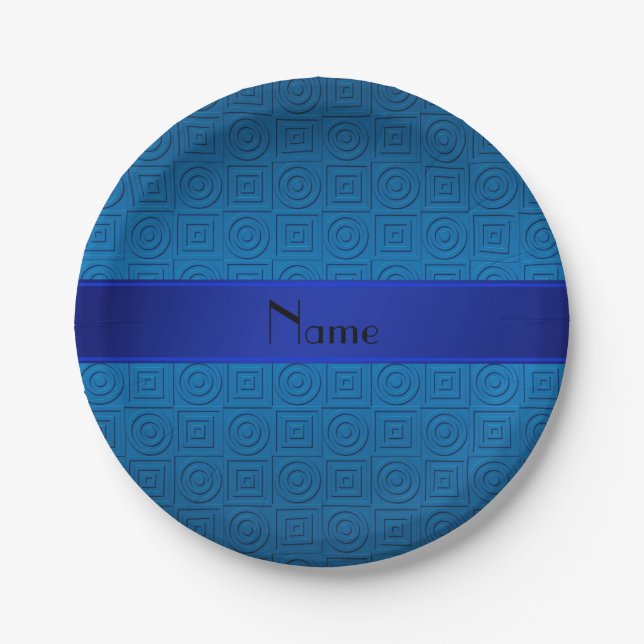 Personalised name dark blue square circles paper plate (Front)