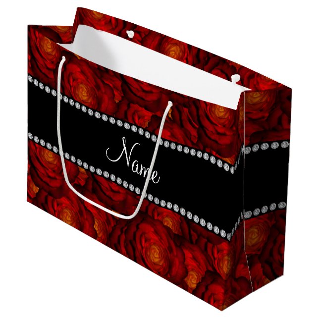 Personalised name dark red roses large gift bag (Front Angled)