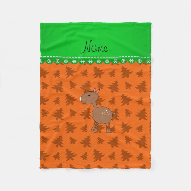 Personalised name deer orange christmas trees fleece blanket (Front)