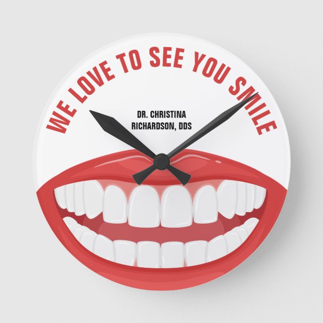 Personalised Name Dental Office Big Smile Teeth  Round Clock (Front)