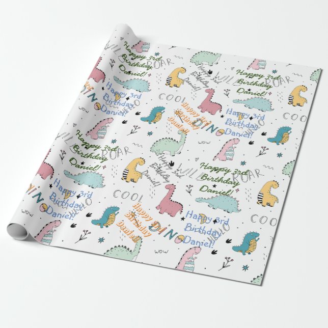 Personalised name dinosaur birthday  wrapping paper (Unrolled)