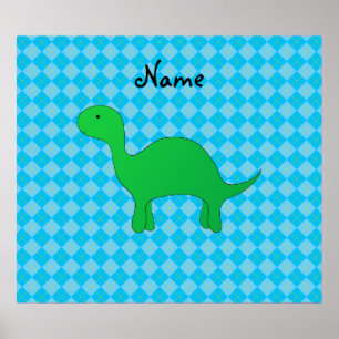 Personalised name dinosaur blue argyle poster