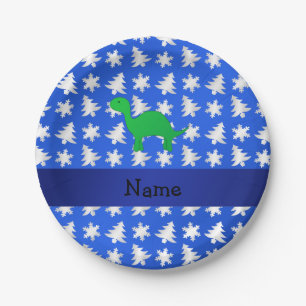 Personalised name dinosaur blue snowflakes trees paper plate