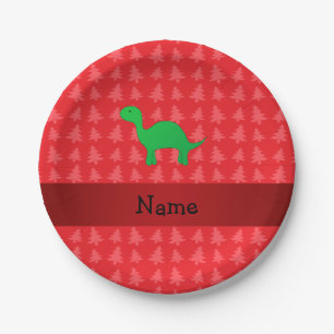Personalised name dinosaur red christmas trees paper plate