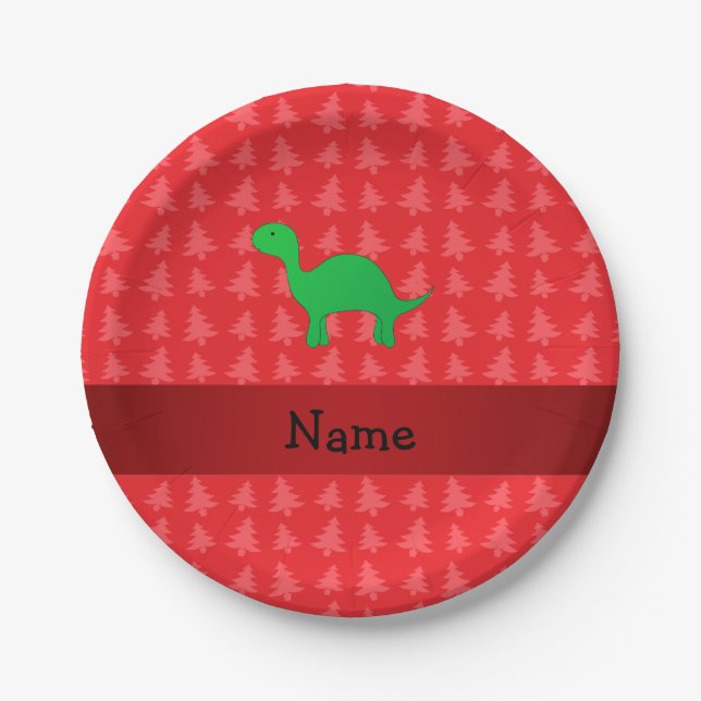 Personalised name dinosaur red christmas trees paper plate (Front)